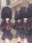  4girls absurdres assault_rifle bearskin_cap black_hair black_hat black_sailor_collar black_serafuku black_shirt black_skirt black_socks blue_archive bullpup closed_mouth commentary_request em-2 feet_out_of_frame frown gun hair_over_eyes hat highres hjhtp holding holding_gun holding_weapon justice_task_force_member_(blue_archive) kneehighs long_hair long_sleeves miniskirt multiple_girls neckerchief outdoors parted_lips pleated_skirt red_neckerchief rifle sailor_collar school_uniform serafuku shirt skirt socks weapon 