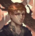  1boy black_jacket brown_background brown_eyes brown_hair choppy_bangs closed_mouth commentary english_commentary jacket lips looking_at_viewer lydialing_draws male_focus nose open_clothes open_jacket original portrait realistic short_hair solo 