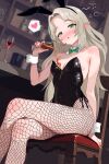  1girl absurdres aepro_corp animal_ear_hairband animal_ears bar_(place) black_leotard blush bow bowtie breasts chair commentary_request crossed_legs cup detached_collar drinking_glass drunk elf ellise_aepro fake_animal_ears feet_out_of_frame fishnet_pantyhose fishnets green_bow green_bowtie green_eyes grey_hair hairband highres kyoichi leotard long_hair nose_blush pantyhose playboy_bunny pointy_ears rabbit_ears side-tie_leotard small_breasts solo strapless strapless_leotard virtual_youtuber wavy_hair wine_glass wrist_cuffs 
