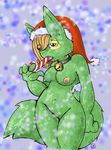  candy_cane canine christmas collar female fox fur green green_fur hat holidays mammal pmoss pmoss_(character) pussy saliva solo sucking suggestive tail xmas 