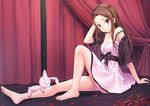  absurdres arm_support bad_id bad_pixiv_id bare_legs bare_shoulders barefoot breasts brown_hair cleavage collarbone curtains dress feet hand_behind_head highres idolmaster idolmaster_(classic) light_smile long_hair medium_breasts minase_iori off_shoulder petals red_eyes solo strap_slip stuffed_animal stuffed_bunny stuffed_toy tenkuu_nozora toes 