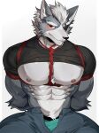  1boy abs animal_ears ao_(chung0u0) arms_behind_back bara bare_pectorals biceps black_pants black_shirt blush bound bound_wrists bulge commentary erection erection_under_clothes eyepatch furry furry_male green_male_underwear grey_fur grey_hair grin highres looking_at_viewer male_focus male_underwear muscular muscular_male navel nipples one_eye_covered open_fly pants pectorals shibari shibari_over_clothes shirt smile star_fox sweatdrop symbol-only_commentary underwear white_background wolf_boy wolf_ears wolf_o&#039;donnell 