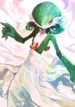  absurdres bob_cut closed_mouth colored_skin commentary gardevoir green_hair green_skin hair_between_eyes hair_over_one_eye highres kaamin_(mariarose753) multicolored_skin orange_eyes pokemon pokemon_(creature) red_eyes simple_background solo white_skin 