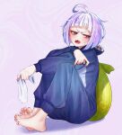  1girl absurdres ahoge animal_costume arched_back barefoot blue_bodysuit blush bodysuit commentary_request feet foot_focus full_body hair_ornament highres holding_sock knees_up medium_hair nail_polish open_mouth original pietrosatou pink_background presenting_foot purple_eyes purple_nails shadow shark_costume sharp_teeth sitting socks soles solo teeth toenail_polish toenails toes unworn_socks v-shaped_eyebrows 