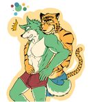  canine duo eyes_closed feline fur gay green green_fur grin istani male mammal muscles surprise tiger topless underwear wolf 
