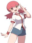  1girl :d blue_shorts cowboy_shot hair_ornament hairclip hiyoshipow looking_at_viewer open_mouth pink_eyes pink_hair pokemon pokemon_hgss shirt short_shorts short_sleeves shorts smile solo teeth twintails upper_teeth_only white_background white_shirt whitney_(pokemon) wristband 