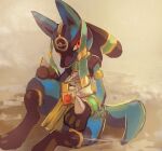  1other absurdres ancient_egyptian_clothes commentary_request furry grey_background highres looking_at_viewer lucario lucario_(ruins) mine101 other_focus pokemon pokemon_(creature) pokemon_unite red_eyes sitting solo wristband 