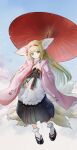  1girl absurdres animal_ears apron arknights black_hakama blonde_hair bobby_socks coin_purse fox_ears fox_girl fox_tail frilled_apron frills garvini green_eyes hairband hakama highres holding holding_umbrella japanese_clothes kimono long_hair long_sleeves official_alternate_costume oil-paper_umbrella okobo pink_kimono platform_sandals red_hairband red_umbrella sandals skirt socks solo suzuran_(arknights) suzuran_(yukibare)_(arknights) tabi tail umbrella white_apron white_socks 