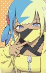  1girl bandeau blue_eyes canari_(pokemon) commentary eyelashes hand_up highres jacket long_sleeves looking_at_viewer mask mouth_mask multicolored_hair nail_polish orange_background pokemon pokemon_legends:_z-a sleeves_past_wrists solo upper_body usagi_mochi_(nsi_0012) v yellow_bandeau yellow_jacket yellow_nails zipper zipper_pull_tab 