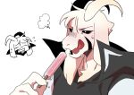  1boy animal_ears asriel_dreemurr asriel_dreemurr_(god_of_hyperdeath) black_sclera blue_eyes colored_sclera doodle_inset flying_sweatdrops food furry furry_male goat_boy goat_ears goat_horns highres holding holding_food holding_popsicle horns kageimo licking_lips male_focus open_mouth popsicle sweatdrop tongue tongue_out undertale upper_body utdr_(toby_fox) white_background 