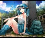  :d backpack bad_id bad_pixiv_id bag bare_shoulders blue_eyes blue_hair bon boots breasts bridge cleavage clothes_around_waist cloud day jacket_around_waist kawashiro_nitori looking_at_viewer medium_breasts open_mouth outstretched_arm rubber_boots sitting skirt sky smile solo tank_top touhou tree two_side_up 