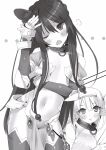  2girls :t animal_ear_fluff animal_ears armor bikini_armor blush breasts cat_ears chestnut_mouth cleavage closed_mouth clothing_cutout collar cowboy_shot detached_sleeves dress elf flat_chest greyscale hairband hand_on_own_arm hand_on_own_head hand_up head_tilt highres isekai_maou_to_shoukan_shoujo_no_dorei_majutsu large_breasts long_hair long_sidelocks metal_collar monochrome multiple_girls navel novel_illustration o-ring_collar official_art one_eye_closed open_mouth pelvic_curtain pointy_ears raised_inner_eyebrows rem_galeu shera_l._greenwood shoulder_cutout sidelocks simple_background standing thighhighs third-party_source tsurusaki_takahiro wince 