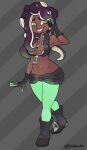 animal_humanoid big_breasts black_boots black_bottomwear black_clothing black_footwear black_gloves black_handwear black_shorts black_topwear boots bottomwear breasts cephalopod cephalopod_humanoid cleavage clothed clothing dark_body dark_skin dipstick_hair electronics eyelashes female fingerless_gloves footwear front_view gloves green_clothing green_eyes green_hair green_legwear green_tights grey_background hair hand_behind_head handwear headphones hi_res horizontal_pupils humanoid legwear long_hair marina_(splatoon) marine marine_humanoid markings mole_(marking) mole_under_mouth mollusk mollusk_humanoid navel navel_piercing nintendo octarian octoling octopus_humanoid pattern_background piercing pseudo_hair pupils purple_hair shoes shorts simple_background smile solo splatoon striped_background tentacle_hair tentacles thick_thighs tights topwear tricksterash wide_hips