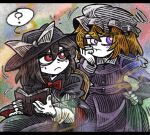  2girls :t ? black_capelet black_hat black_skirt blonde_hair blush book bow bowtie brown_hair buttons capelet dr.latency&#039;s_freak_report dress frown hair_between_eyes hand_on_own_cheek hand_on_own_face hand_on_own_hip hat hat_bow holding holding_book long_sleeves looking_at_another maribel_hearn mob_cap multiple_girls purple_dress purple_eyes red_eyes shirt short_hair skirt sleeve_cuffs squiggle suenari_(peace) sweat touhou usami_renko white_bow white_hat white_shirt 