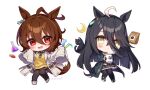  2girls agnes_tachyon_(tach-nology)_(umamusume) agnes_tachyon_(umamusume) ahoge animal_ears beaker black_cat black_coat black_gloves black_hair black_necktie black_pantyhose blush brown_hair cat chemical_structure chibi chibi_only coat coffee_beans coffee_mug collared_shirt cork crescent_moon cup ear_tag earrings gloves hair_between_eyes holding holding_test_tube horse_ears horse_girl horse_tail huge_ahoge jewelry lab_coat long_bangs long_hair long_hair_between_eyes long_sleeves looking_at_viewer manhattan_cafe_(creeping_black)_(umamusume) manhattan_cafe_(umamusume) medium_hair moon moorina mug multicolored_hair multiple_girls necktie open_mouth pantyhose pill red_eyes shirt short_necktie simple_background single_earring skirt sleeves_past_fingers sleeves_past_wrists smile steaming_cup sweater sweater_vest tail test_tube umamusume very_long_hair white_background white_coat white_hair wolf_cut yellow_eyes yellow_necktie yellow_sweater yellow_sweater_vest 