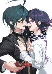  2boys absurdres ahoge arm_around_neck bishounen black_hair blush buttons checkered_clothes checkered_scarf commentary danganronpa_(series) danganronpa_v3:_killing_harmony embarrassed eyelashes flipped_hair food food_in_mouth from_side hair_between_eyes hand_on_another&#039;s_chest highres imminent_pocky_kiss jacket long_sleeves looking_at_viewer male_focus medium_hair multiple_boys oma_kokichi open_mouth pocky pocky_in_mouth purple_eyes purple_hair saihara_shuichi scarf short_hair striped_clothes striped_jacket symbol-only_commentary teeth tongue ttegi_(ddeck_dg) two-tone_scarf upper_body white_background yaoi 