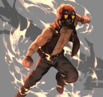  1boy abs arm_up bandaged_wrist bandages black_jacket black_mask black_pants black_shoes brown_hair commentary english_commentary full_body gas_mask grey_background hood hood_down hooded_jacket imminent_attack imminent_punch jacket lydialing_draws male_focus mask muscular muscular_male open_clothes open_jacket original pants pectorals shoes short_hair solo 