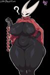 anal_beads anthro areola arthropod big_breasts black_background black_eyes breasts cloak cloak_only clothing empty_eyes eyelashes female genitals grey_areola grey_nipples hand_on_hip hi_res holding_anal_beads holding_object holding_sex_toy hollow_knight_(franchise) hornet_(hollow_knight) huge_breasts insect lovedeadman navel nipples question_mark red_cloak red_clothing sex_toy simple_background solo team_cherry thick_thighs vulva white_body wide_hips