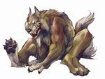  anthro biceps black_nose blue_eyes brown_fur canine claws fangs fur male mammal muscles nude pawpads paws plain_background pose sitting solo teeth tesso toe_claws were werewolf white_background wolf yellow_eyes 