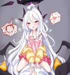  1boy 1girl absurdres alternate_costume black_halo blue_archive blush breasts collarbone couple demon_horns demon_wings doodle_sensei_(blue_archive) grey_background halo heart hetero highres hina_(blue_archive) horns long_hair looking_at_viewer off_shoulder open_clothes open_mouth pajamas peroronti pink_pajamas sensei_(blue_archive) sitting sitting_on_person small_breasts spoken_heart very_long_hair white_hair wings 