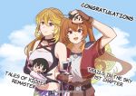  2girls absurdres ahoge aria_404 arm_up armor blonde_hair blue_sky breasts brown_hair character_doll choker cloud congratulations doll eiyuu_densetsu english_commentary english_text eyelashes fingerless_gloves gloves hair_between_eyes happy highres holding holding_another&#039;s_arm holding_doll jude_mathis leather leather_gloves long_hair looking_at_viewer milla_maxwell multiple_girls navel open_mouth pauldrons red_eyes short_hair shoulder_armor skirt sky smile sora_no_kiseki strapless tales_of_(series) tales_of_xillia tube_top twintails very_long_hair 