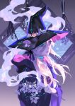  1girl black_hat blonde_hair blue_choker blue_pupils cape choker closed_mouth commentary english_commentary grey_eyes hair_between_eyes hat holding holding_plant long_hair looking_to_the_side lydialing_draws nose plant purple_cape smoke solo the_ink_apprentice upper_body witch witch_hat 