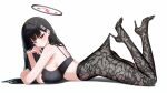  1girl absurdres alternate_costume ass black_hair black_halo black_pantyhose black_shoes breasts bright_pupils floral_print_pantyhose from_side hair_ornament hairclip halo high-waist_pantyhose high_heels highres hooked_on_heel lace lace_pantyhose lace_pantyhose_hooked_on_heel_(meme) large_breasts long_hair looking_at_viewer lying meme millennium_science_school_logo mizikayo multicolored_halo on_stomach pantyhose pantyhose_tug red_eyes rio_(blue_archive) shoes simple_background solo strappy_heels the_pose two-tone_halo white_background white_pupils 