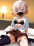  1girl absurdres black_bra black_choker black_mask black_panties black_thighhighs blue_eyes blurry blurry_background blush bra brown_hair cameltoe cevio choker clothes_lift gradient_hair highres indoors lifting_own_clothes looking_at_viewer maretto mask mouth_mask multicolored_hair one_(cevio) one_-_kagayaku_kisetsu_e open_clothes panties partially_unbuttoned pink_hair plaid_clothes plaid_skirt pleated_skirt shirt short_sleeves single_thighhigh sitting skirt skirt_lift solo spread_legs thighhighs underwear wariza white_shirt 