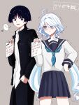  1boy 1girl :t alternate_costume aqua_eyes aqua_pupils arm_at_side black_hair black_jacket black_pants black_sailor_collar black_skirt black_sleeves blue_eyes blue_neckerchief blue_pupils blunt_ends blush breast_pocket bright_pupils brown_background collarbone collared_shirt contemporary curly_ends eyelash_ornament furina_(genshin_impact) gakuran genshin_impact hair_between_eyes hair_intakes hand_in_pocket hand_on_own_hip hand_up height_difference heterochromia highres holding holding_paper jacket long_sleeves looking_at_another low_twintails mismatched_pupils neckerchief open_clothes open_jacket open_mouth pants paper parted_bangs pleated_skirt pocket pon_oi4 purple_eyes sailor_collar scaramouche_(genshin_impact) school_uniform serafuku shirt skirt smug swept_bangs tearing_up tears test_score translation_request trembling twintails undershirt white_pupils white_serafuku white_shirt white_trim wispy_bangs 