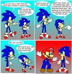  black_eyes comic crossover facial_hair gloves green_eyes hedgehog laugh mammal mario mario_bros misunderstanding mustache nintendo oops sega shoes sonic_(series) sonic_generations sonic_the_hedgehog square_crossover video_games wakeangel2001 