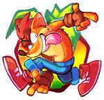 2020 activision alexiswolfy_(artist) anthro bandicoot bottomwear brown_hair clenched_teeth clothed clothing crash_bandicoot crash_bandicoot_(series) duo eyebrows finger_gun fingerless_gloves food footwear fruit fur gesture gloves grin hair hand_gesture handwear hi_res inner_ear_fluff male mammal marsupial midair mohawk orange_body orange_fur pants plant pose red_hair shoes smile sonic_adventure_pose tan_body tan_fur teeth thick_eyebrows tongue topless tuft wumpa_fruit