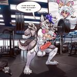 absorption_vore absurd_res animal_genitalia animal_penis anthro antlers canid canine canine_genitalia canine_penis canis duo exercise genitals hi_res horn jackalope kaspher knot lagomorph male mammal muscular pecs pectoral_vore penis vore wolf workout