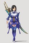  black_hair bnahabra_(armor) breasts closed_eyes crossed_legs earrings jewelry large_breasts light_smile long_hair monster_hunter monster_hunter_portable_3rd nekomamire simple_background solo standing sword thighhighs watson_cross weapon 