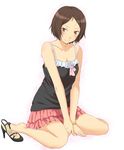  amagami bare_shoulders barefoot between_legs bracelet breasts brown_eyes brown_hair cleavage hand_between_legs high_heels jewelry kurosawa_noriko medium_breasts pleated_skirt shoes shoes_removed short_hair sitting skirt smile solo spaghetti_strap toki_(tokihakashi) v_arms wariza 