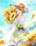  1girl :d a20_(atsumaru) back_bow bare_shoulders blonde_hair blush bouquet bow brown_hat choker cloud commentary_request copyright_notice cowboy_shot day dress flower green_bow hat hat_ribbon holding holding_bouquet koizumi_hanayo looking_at_viewer love_live! love_live!_school_idol_project official_art open_mouth outdoors pink_eyes ribbon short_hair smile solo strapless strapless_dress straw_hat sun_hat sunflower white_choker white_dress white_ribbon yellow_flower 