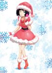  1girl belt belt_buckle black_belt black_hair blue_background blue_eyes blush bob_cut boots bow breasts buckle capelet chest_bow christmas collarbone cropped dress full_body fur-trimmed_boots fur-trimmed_capelet fur-trimmed_dress fur-trimmed_gloves fur_trim gloves hat huke knees_together_feet_apart leaning_forward leather_belt looking_at_viewer medium_breasts official_art one_eye_closed open_mouth red_boots red_bow red_dress red_gloves ringed_eyes santa_costume santa_hat science_adventure shiina_mayuri short_hair short_sleeves smile snowflake_background solo square_pupils steins;gate steins;gate_0 tareme tongue 