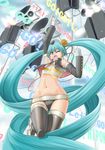  aqua_eyes aqua_hair detached_sleeves gloves hatsune_miku jewelry long_hair navel necklace one_eye_closed open_mouth raybar solo speaker thighhighs twintails very_long_hair vocaloid 