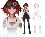  1girl absurdres arm_tattoo bad_link bare_shoulders black_corset black_pants boots breasts chain character_name collarbone commission commissioner_upload corset cross-laced_clothes earrings full_body goggles goggles_on_head grin highres indie_virtual_youtuber jewelry looking_at_viewer medium_hair messy_hair official_art paegan_o_ceallaigh pants red_hair reference_sheet reta simple_background sketch small_breasts smile standing tank_top tattoo torc virtual_youtuber white_background 