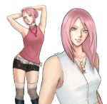  1girl alternate_costume alternate_hairstyle aqua_eyes armpits arms_behind_head artist_name black_boots bleeehrghw boots breasts brown_shorts cargo_shorts english_commentary eyelashes facial_mark feet_out_of_frame forehead_mark fur-trimmed_belt hair_bun haruno_sakura hashtag-only_commentary highres ibispaint_(medium) jewelry knee_boots lace-trimmed_shirt lace_trim looking_at_viewer medium_breasts medium_hair midriff_peek multiple_views naruto_(series) naruto_shippuuden necklace parted_lips pink_hair pink_lips pink_shirt shirt short_shorts shorts simple_background single_hair_bun sleeveless sleeveless_turtleneck straight_hair swept_bangs teeth thighhighs turtleneck upper_body vest white_background white_vest y2k_fashion 