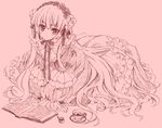  all_fours bangs blush book bow carnelian cup dress embarrassed flower frills gathers gosick gothic_lolita hair_flower hair_ornament hairband hime_cut lace lolita_fashion lolita_hairband long_hair looking_at_viewer monochrome open_book pink pipe reading ribbon simple_background sketch solo tea teacup very_long_hair victorica_de_blois 