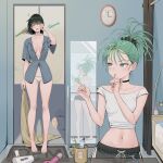 1boy 2girls bald barefoot black_shorts blue_shirt breasts breasts_apart brushing_teeth bygin clock closed_eyes cup curly_hair fubuki_(one-punch_man) green_eyes green_hair green_nails hair_dryer highres indoors medium_breasts midriff mirror mug multiple_girls navel no_bra one-punch_man panties partially_unbuttoned rubbing_eyes saitama_(one-punch_man) shirt short_hair short_shorts short_sleeves shorts sleepy small_breasts standing stomach tatsumaki toenails toothbrush toothbrush_in_mouth underwear wall_clock white_panties white_shirt 