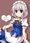  absurdres blue_eyes braid character_name hair_ribbon highres horon izayoi_sakuya maid ribbon shawl shirt silver_hair skirt smile solo touhou twin_braids wristband 