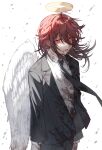  1boy absurdres androgynous angel_devil_(chainsaw_man) angel_wings black_jacket black_necktie black_pants black_suit blood blood_on_clothes blood_on_face chainsaw_man collared_shirt cowboy_shot deep_(deep4946) floating_hair hair_between_eyes halo highres injury jacket lapels layered_sleeves male_focus medium_hair necktie notched_lapels open_clothes open_jacket pants red_eyes red_hair shirt solo standing suit suit_jacket white_background white_shirt white_wings wing_collar wings 