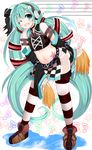  absurdres aqua_eyes aqua_hair belt detached_sleeves fang hatsune_miku headphones highres long_hair musical_note one_eye_closed solo star striped striped_legwear sukage tattoo thighhighs twintails very_long_hair vocaloid 