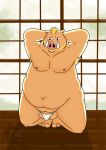 anthro armpit_hair asian_clothing balls beard belly blonde_hair body_hair brown_body bulge clothed clothing east_asian_clothing facial_hair fundoshi geld_(that_time_i_got_reincarnated_as_a_slime) genitals hair hands_behind_head hi_res japanese_clothing male mammal navel nipples overweight overweight_male solo suid suine sus_(pig) that_time_i_got_reincarnated_as_a_slime tusks underwear underwear_only visen_(artist) wild_boar