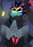 anglerfish anthro baxter_(hazbin_hotel) bioluminescence blush bodily_fluids chimeracocks claws cloaca_juice cloacal cloacal_fingering clothed clothing coat demon duo eyewear finger_claws fingering fish genital_fluids glasses glowing hazbin_hotel hellaverse hi_res intersex intersex/male lab_coat looking_away male male/male marine offscreen_character partially_clothed pinned pinned_to_ground sir_pentious_(hazbin_hotel) size_difference sweat sweatdrop topwear translucent translucent_body