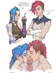  1boy 2girls arcane:_league_of_legends arcane_jinx arm_tattoo before_and_after blue_hair cooperative_fellatio crossed_arms ear_piercing english_commentary english_text eyes_visible_through_hair fellatio fingerless_gloves gloves group_sex hand_up index_finger_raised jinx_(league_of_legends) kissing_penis layered_clothes league_of_legends lower_body multiple_girls oral penis piercing pink_hair po-ar siblings sisters speech_bubble tattoo teamwork_(sexual) threesome upper_body vi_(league_of_legends) wristband 