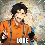  1boy bags_under_eyes beard_stubble black_hair blue_eyes blue_skin colored_skin earrings english_text evidence_board excited facial_hair fingerless_gloves gloves hands_up hashtag-only_commentary highres holding holding_pen holostars holostars_english jewelry josuiji_shinri long_hair low_ponytail male_focus mature_male me_explaining_to_my_mom_(meme) meme mono_(bluesky) motion_lines notes open_mouth orange_shirt paper pen ponytail sharpie_(brand) shirt solo sparkle stubble suspenders tassel tassel_earrings upper_body virtual_youtuber 