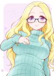  1girl alternate_costume aqua_sweater arakawa_tarou bespectacled black-framed_eyewear blonde_hair breasts commentary_request copyright_name fuurin_asumi glasses hand_on_own_chest healin'_good_precure highres long_hair looking_at_viewer medium_breasts pink_background precure purple_eyes ribbed_sweater smile solo sweater turtleneck turtleneck_sweater upper_body white_background 