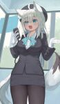  1girl absurdres ahoge animal_ears aqua_bow aqua_eyes black_hat black_jacket black_pantyhose black_skirt blush bow braid breasts collared_shirt commentary_request fox_ears fox_girl gloves hat highres holding hololive jacket kajitsu_no_hito large_breasts long_sleeves looking_at_viewer open_mouth pantyhose pencil_skirt shirakami_fubuki shirt side_braid skirt smile solo tour_guide virtual_youtuber white_gloves white_hair white_shirt 